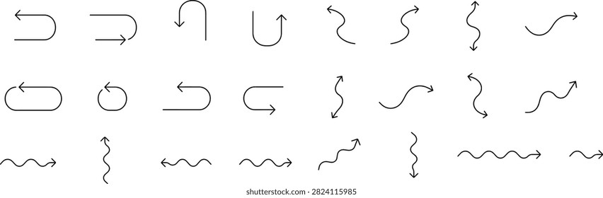 Hand drawn arrow design element set with curved and wavy sketch lines for creative layouts