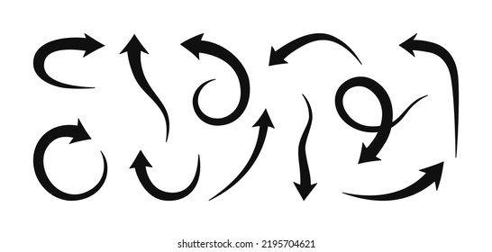Hand drawn arrow in different directions. Doodle bold black arrows design. Line with pointer icon set. Vector illustration isolated on white background.