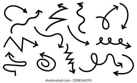 Hand drawn arrow doodle collection in thin black stokes isolated on white background