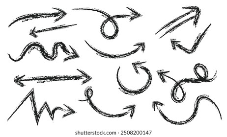 Hand drawn arrow doodle collection in thin black stokes isolated on white background