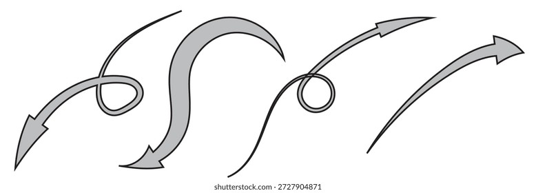 Doodle de flecha dibujado a mano. Colección de flechas negras dibujadas a mano en varias Formas curvas y rectas, aisladas en blanco, útiles para conceptos de dirección, flujo y diseño.
