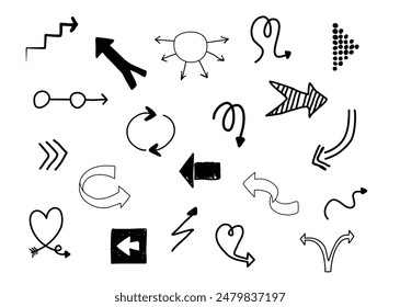 Hand drawn arrow doodle set. Collection of arrow pen ink, pointers, direction, mark, cursor, icon illustration for your business and education design