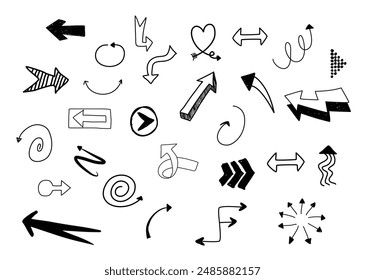 Conjunto de garabatos de flecha dibujada a mano. Colección de la tinta de la pluma de la flecha, punteros, dirección, marca, cursor, ilustración del icono para su negocio y diseño educativo