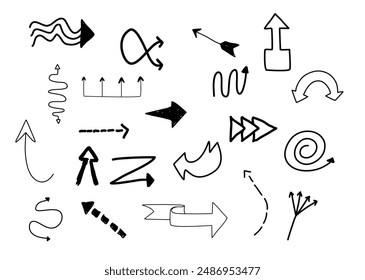 Conjunto de garabatos de flecha dibujada a mano. Colección de la tinta de la pluma de la flecha, punteros, dirección, marca, cursor, ilustración del icono para su negocio y diseño educativo