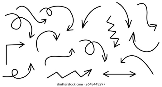 Conjunto de Rabiscos em Seta Desenhada à Mão. Setas curvas, em ziguezague e em loop para infográficos e apresentações. Ilustração vetorial.