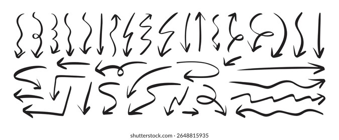 Hand drawn arrow doodle set simple line art directional shapes. Vector illustration