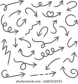 Handgezeichneter Pfeil Doodle Set, Skizze Stil Richtung Icons Kollektion, gekrümmt, Spirale, und gewellte Pfeile, dünne Markierungslinien Symbole für Navigation, Hervorhebung und kreative Design-Elemente