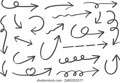 Hand Drawn Arrow Doodle Set, Sketch Style Direction Icons Collection, Curved, Spiral, and Wavy Arrows, Thin Marker Line Symbols for Navigation, Highlighting and Creative Design Elements