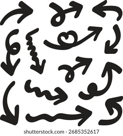 Conjunto de Doodle de flecha dibujado a mano, Colección de iconos de dirección de estilo de boceto, flechas curvas, espirales y onduladas, símbolos de línea de marcador delgado para navegación, resaltado y Elementos de diseño creativos