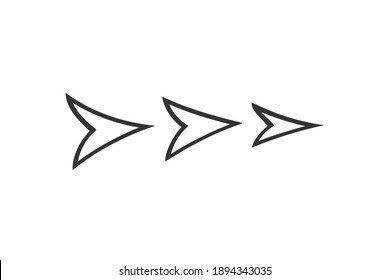 Flecha dibujada a mano en estilo doodle. Indicador de dirección de corte. Objeto aislado sobre un fondo blanco.