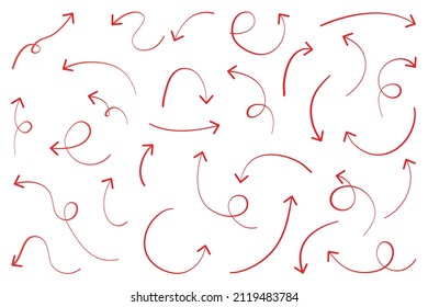 Hand drawn arrow doodle vector. Different red arrows pointing set. Design for business plan, education and infographic.