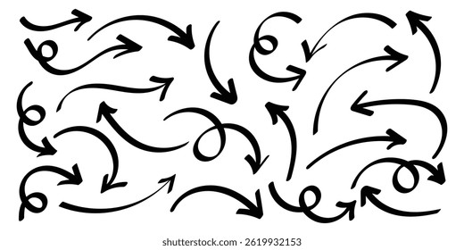 Vector de doodle de flecha dibujado a mano. Diferentes flechas negras apuntando. Diseño de Vector para Plan de negocios, educación e infografía. Conjunto de iconos de flechas Doodle, eps 10