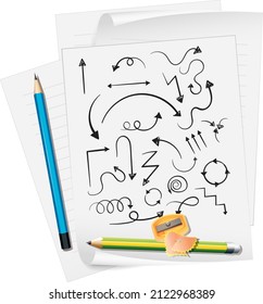 Hand drawn arrow doodles on paper with pencils illustration