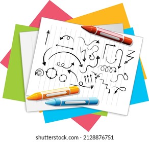 Hand drawn arrow doodles on paper with crayons illustration
