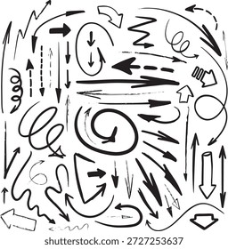 Seta desenhada à mão rabiscos conjunto com direções curvas, retas e espirais. Setas de esboço a tinta preta e marcas de movimento isoladas no fundo branco, ideais para infográficos, apresentações, design de interface do usuário, gráficos de mídia social e conceitos de navegação visual.