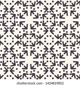 Hand drawn arrow dot shapes. Repeating geo background. Monochrome surface design textile swatch. Modern black white wallpaper. Geometric direction symbol all over print. Seamless fun vector pattern. 