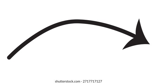 Dibujado a mano elemento de flecha art deco. Símbolo de flecha negra apuntar hacia abajo y líneas curvas sobre fondo blanco. Ilustración vectorial