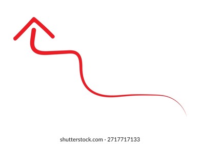 Dibujado a mano elemento de flecha art deco. Símbolo de flecha roja apuntar hacia arriba y líneas curvas sobre fondo blanco. Ilustración vectorial