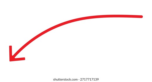 seta desenhada à mão elemento art deco. Símbolo de seta vermelha aponte para baixo e linhas curvas em fundo branco. ilustração vetorial