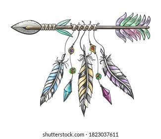 Hand drawn arrow with feathers. Tribal boho indian talisman isolated on white background. Vector illustration