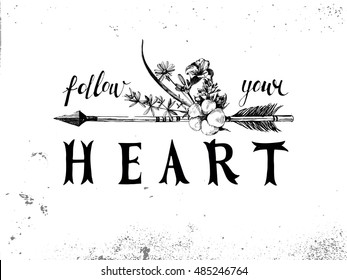 Hand drawn arrow with flowers, leaves and type design