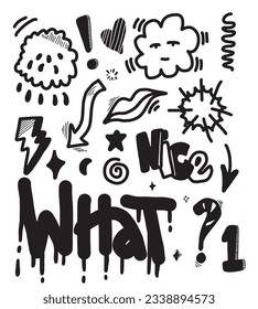 Hand drawn Arrow, heart, clouds, star, what text ,emphasis ,swirl for concept design.