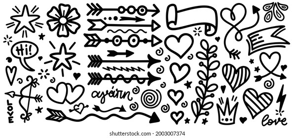 Hand drawn arrow and heart doodle style. Decorative element for wedding, birthday etc. Greek word agapi means love. Vector print illustration