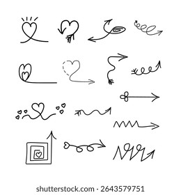 Hand drawn arrow and heart line elements. Signs and drawing pen effects. Decorative pencil curved symbols and shapes. Vector set