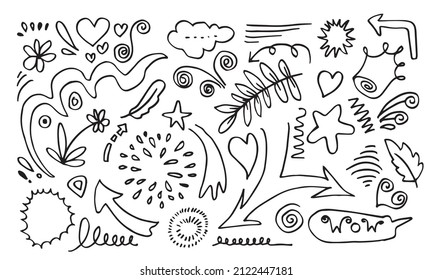 Hand drawn Arrow, heart, love, star, leaf,emphasis ,swirl for concept design.