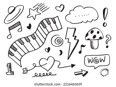 Hand drawn Arrow, heart, love, star,thunderbolt ,piano ,swirl for concept design.