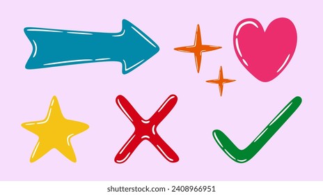 Hand drawn arrow, heart, star, approved check mark and cross mark. Cartoon graphic design elements in flat style. Set of various colorful elements isolated. Colored flat vector illustration