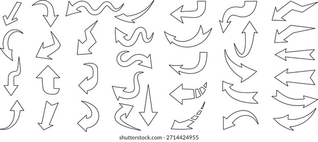 Colección de icono de flecha dibujada a mano en estilo de esbozo. Flechas direccionales curvas, rectas y dinámicas para guiar y navegar. Elementos de Vector perfectos para infografías, interfaces, diagramas, 