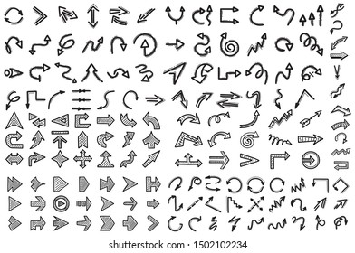 Hand drawn arrow icon mega set. Sketch doodles collection isolated on white. Vector directional symbols pack