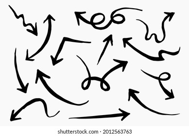 hand drawn arrow icon set isolated on white background. Doodle vector illustration.