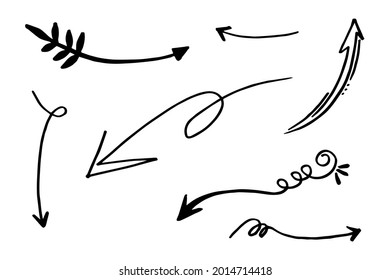 hand drawn arrow icon set isolated on white background. Doodle vector illustration.