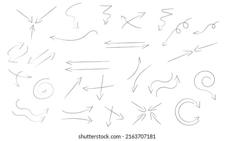 Hand drawn arrow icon set isolated on white background. Doodle Vector illustration.
