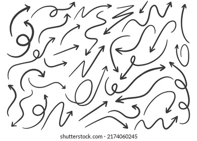 Icono de flecha dibujada a mano aislado en fondo blanco. Ilustración del vector Doodle.  esbozar el diseño de flecha para el plan de negocios y la educación.