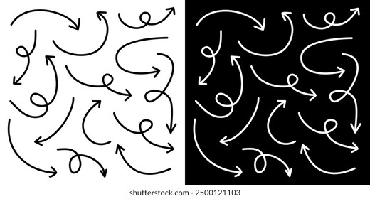 Hand drawn arrow icon set. Pointer collection. Abstract simple sketch doodle decoration element. White black sign symbol shape. Childish style. Flat design. Black White background. Isolated. Vector