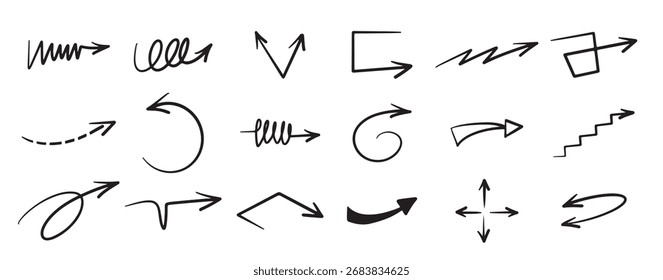 hand drawn arrow icon set isolated white background doodle vector illustration 