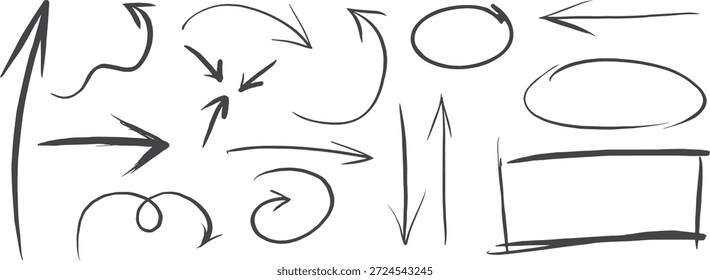 Handgezeichneter Pfeil mit skizzenhaften Richtungen und Fluss-Shapes. Schwarze Doodle-Pfeile, Schleifen und Rahmen führen die Bewegung für Infografiken und Präsentationen. Minimale Freihandsymbole, perfekt für Notizen, Benutzeroberfläche und kreative Layouts.