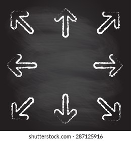 Hand drawn arrow icon set isolated on blackboard texture. Vector illustration.