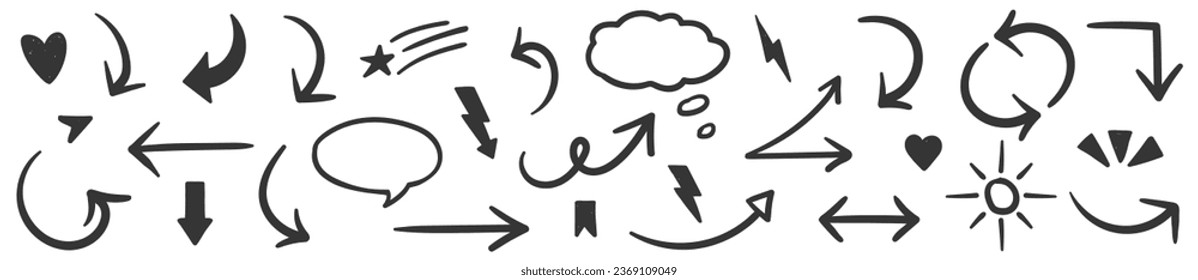 Hand drawn arrow icon vector design illustration. Set sketch arrows vector element design silhouette isolated