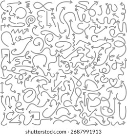 Conjunto de Vectores de icono de flecha dibujado a mano. Colección de signo de ilustración de dirección, hecha a mano. Símbolo o logotipo del puntero. Iconos web.