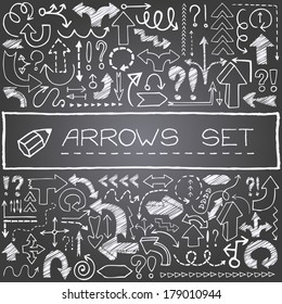 Hand Drawn Arrow Icons Set With Question And Exclamation Marks With Chalk Board Effect. Vector Illustration.