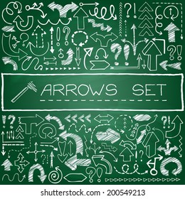 Hand drawn arrow icons set with question and exclamation marks on green chalkboard. Vector Illustration.