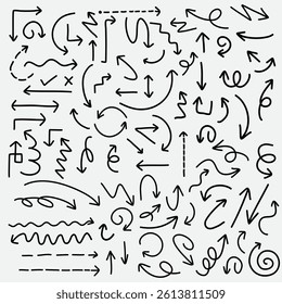 Hand drawn arrow icons set, sketch style arrow doodles, black ink pointer symbols collection, vector illustration for design, direction, infographic elements, UI arrows, pointer line art elements