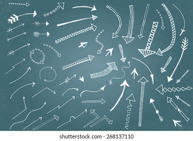 Hand drawn arrow icons set on blue chalk board. Vector Illustration