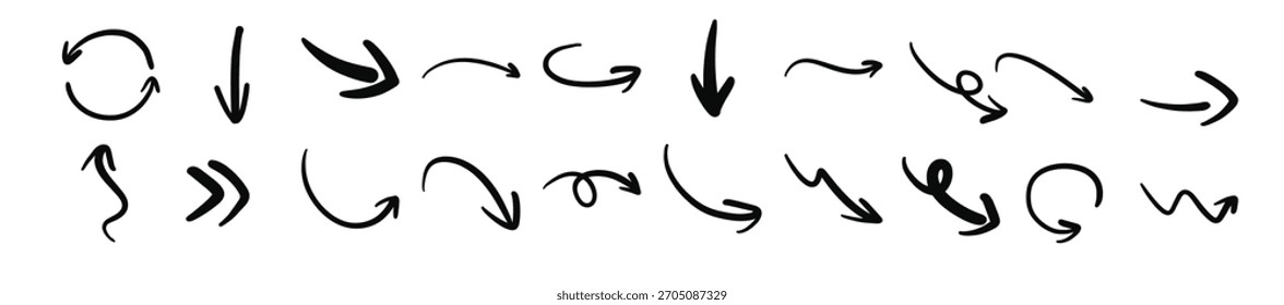 Conjunto de iconos de flecha dibujados a mano. Conjunto de estilo doodle flecha.