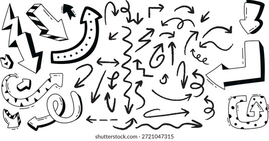 Hand Drawn Arrow Icons Set, Brush Stroke Grunge Direction Arrows Vector