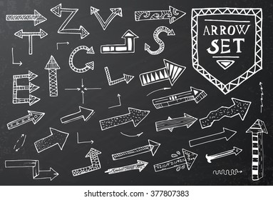 Hand drawn arrow icons set on black chalk board. Vector Illustration. Education or business concept.